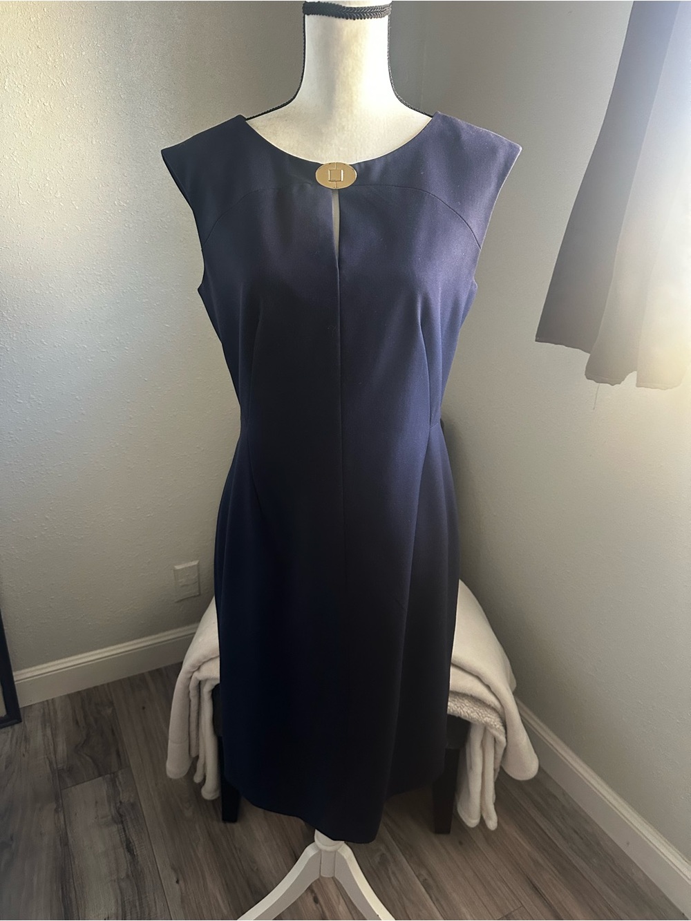 Calvin Klein Navy Midi Sheath Dress with Gold Accent